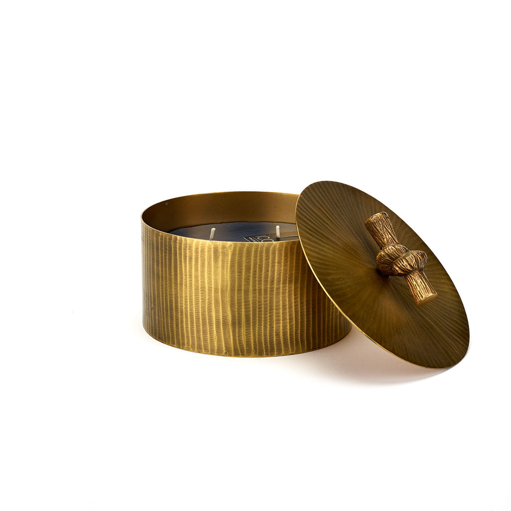 METAL BRASS VOTIVE IN STRIPE FINISH WITH LID AND KNOT LARGE - BOIS SACRE