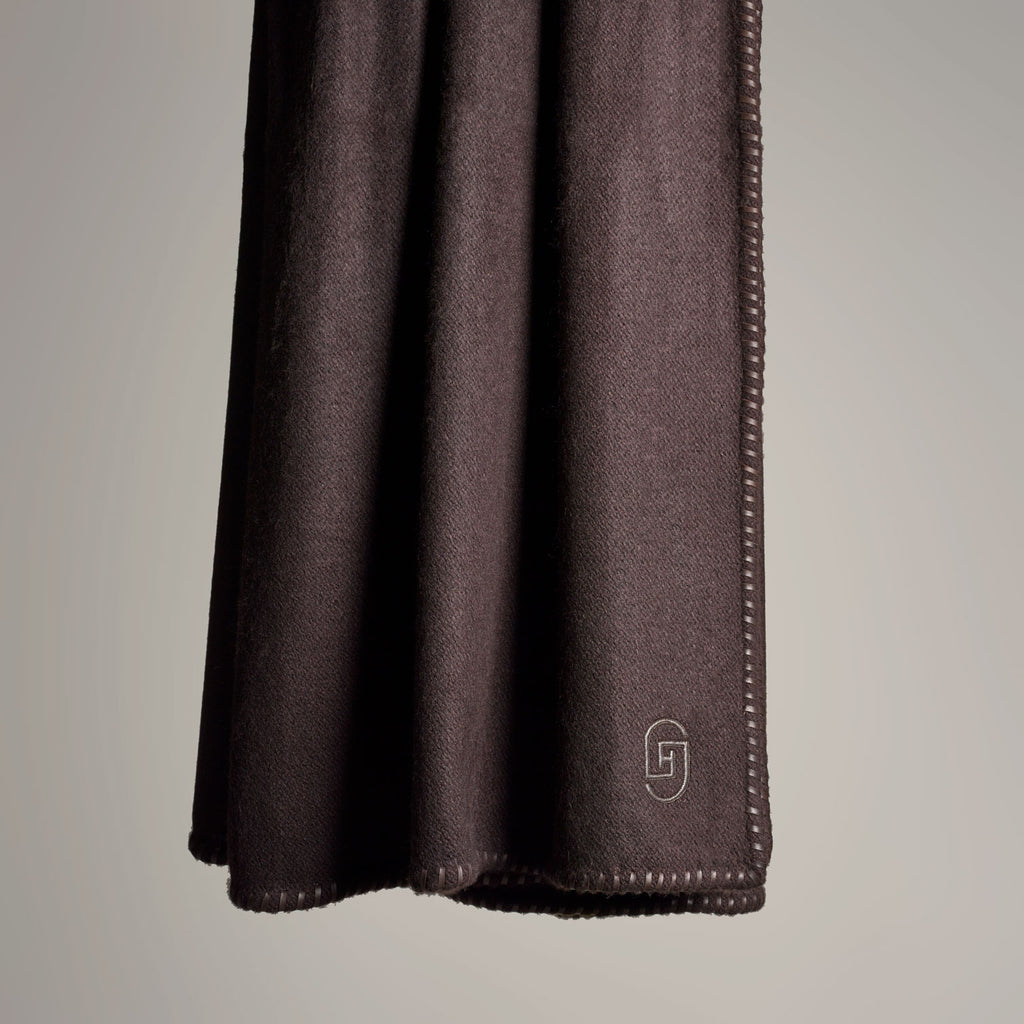 CASHMERE THROW WITH LEATHER DETAIL · CHOCOLATE